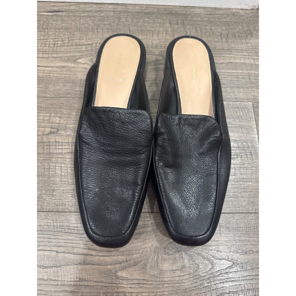 Via Spiga Black Pebbled Leather Square Toe Block Heel Mules Shoes Womens